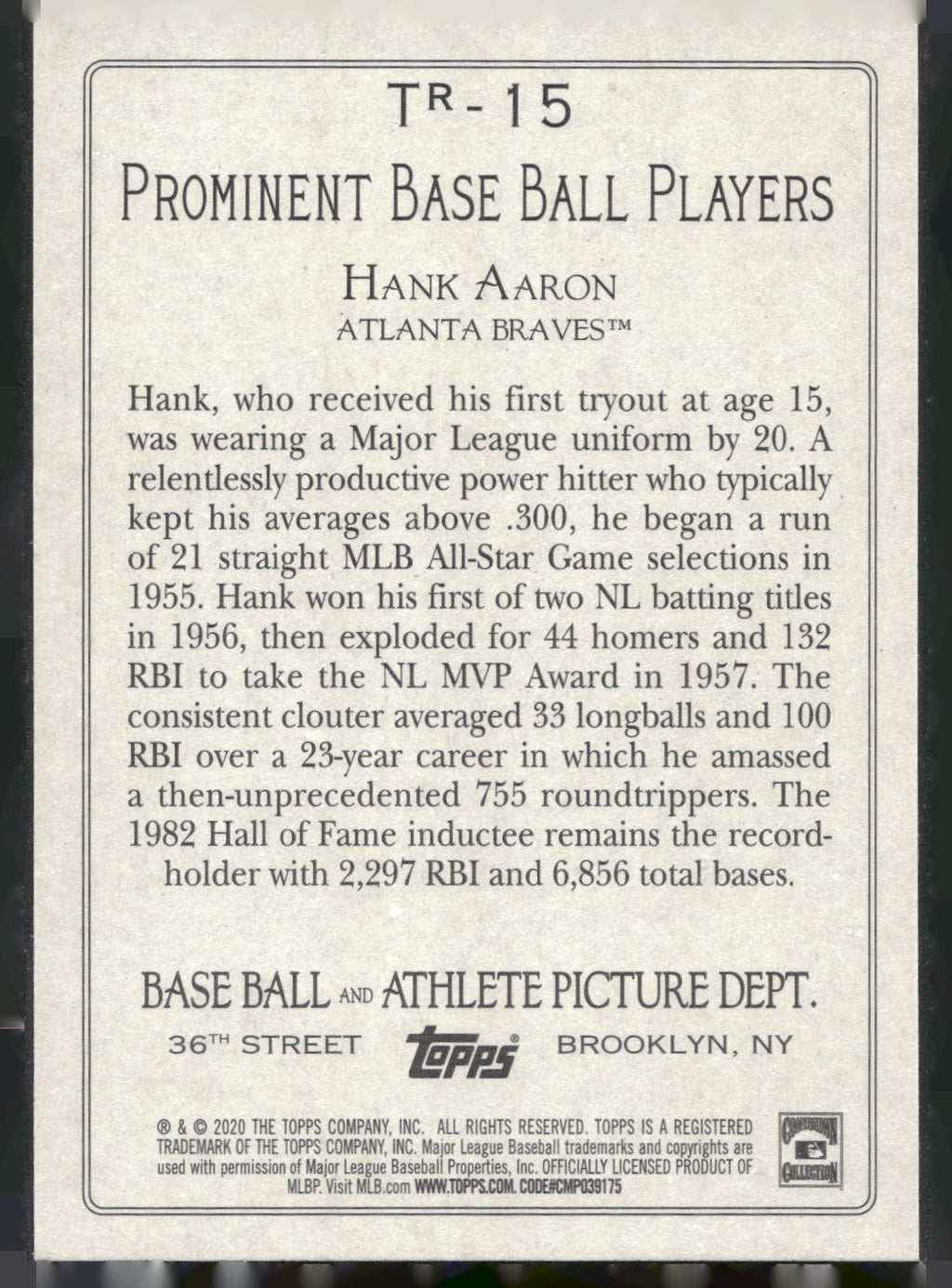 2020 Topps #TR-15 Hank Aaron Turkey Red 2020 (Series 2)