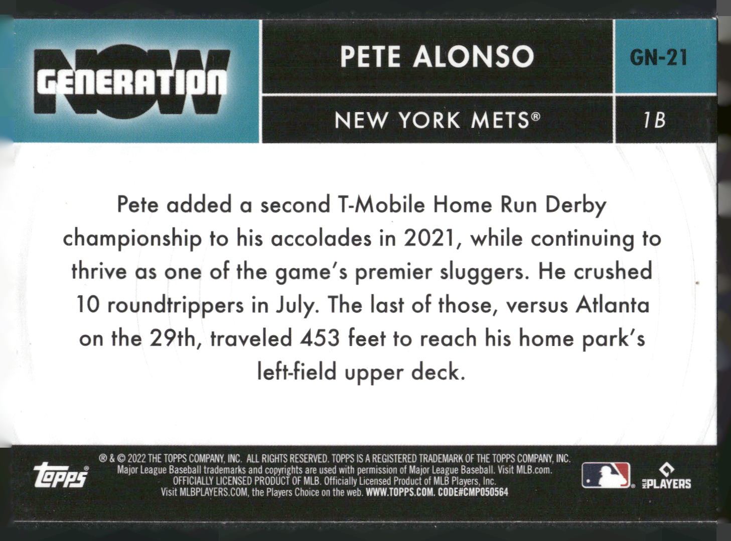 2022 Topps #GN-21 Pete Alonso Generation Now