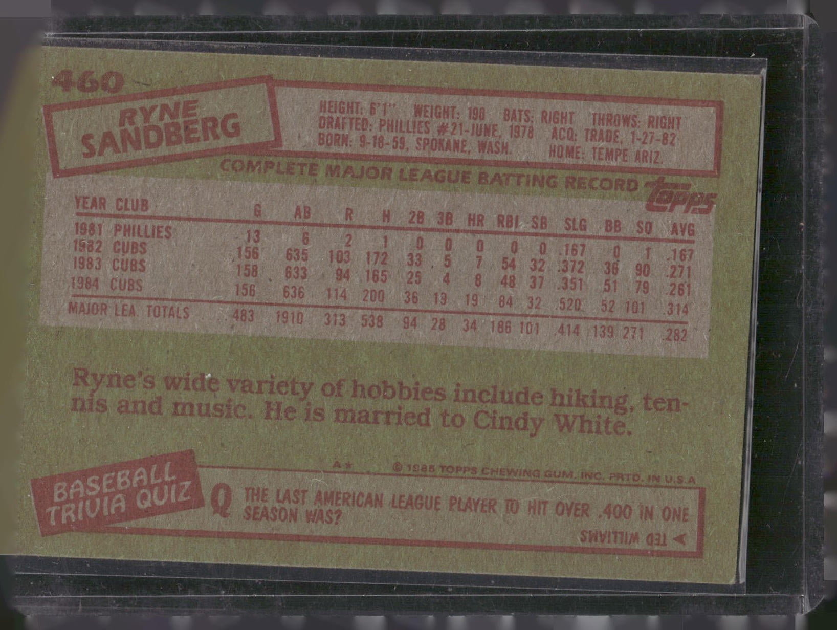 1985 Topps #460 Ryne Sandberg