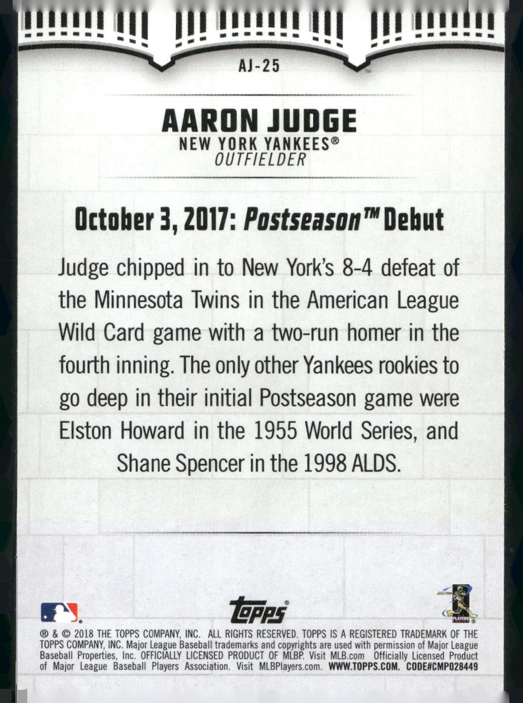 2018 Topps #AJ-25 Aaron Judge Aaron Judge Highlights