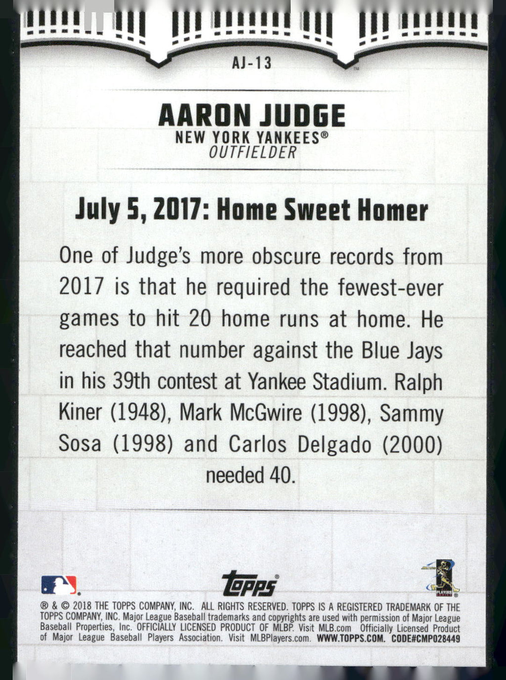 2018 Topps #AJ-13 Aaron Judge Aaron Judge Highlights