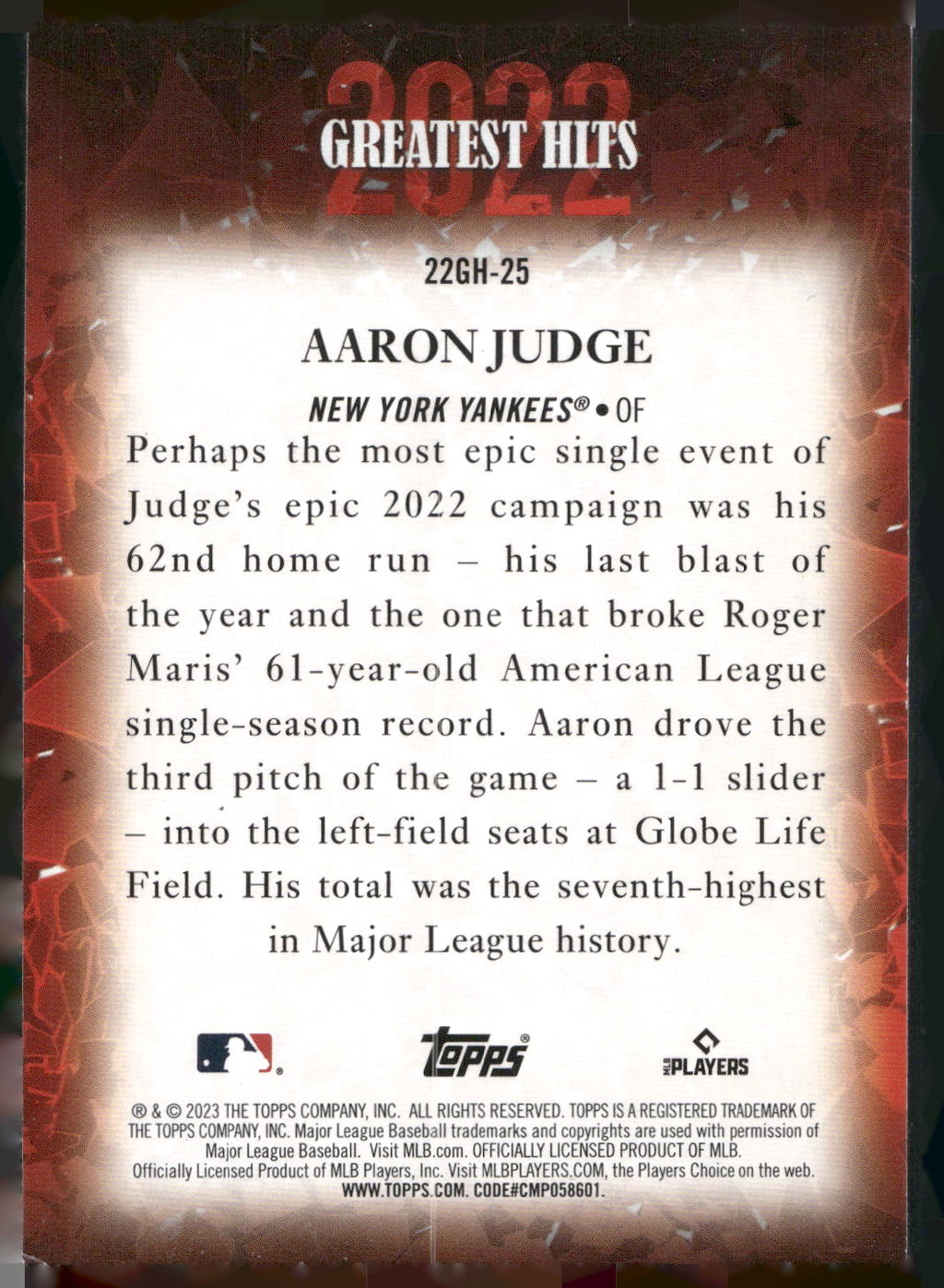 2023 Topps #22GH-25 Aaron Judge 2022 Greatest Hits