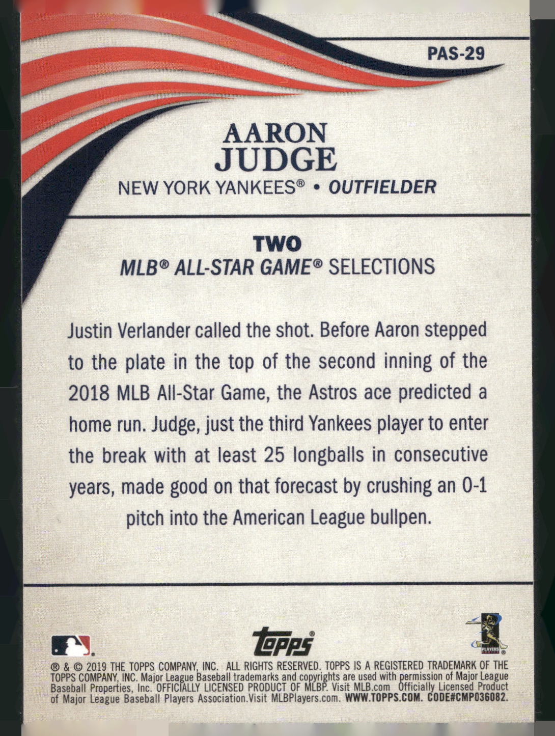 2019 Topps Update #PAS-29 Aaron Judge Perennial All-Stars