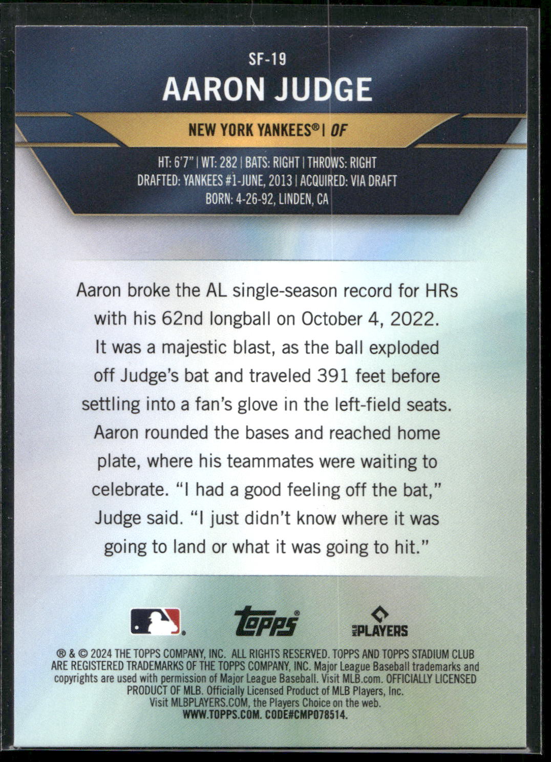 2024 Stadium Club #SF-19 Aaron Judge Special Forces