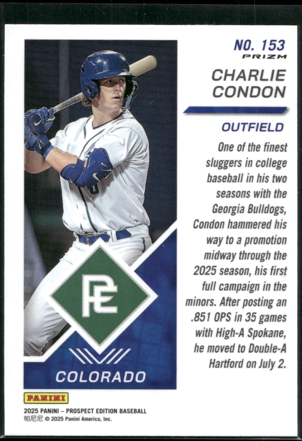 2025 Panini Prospect Edition #153 Charlie Condon Holo Prospect Ticket - Red Ice