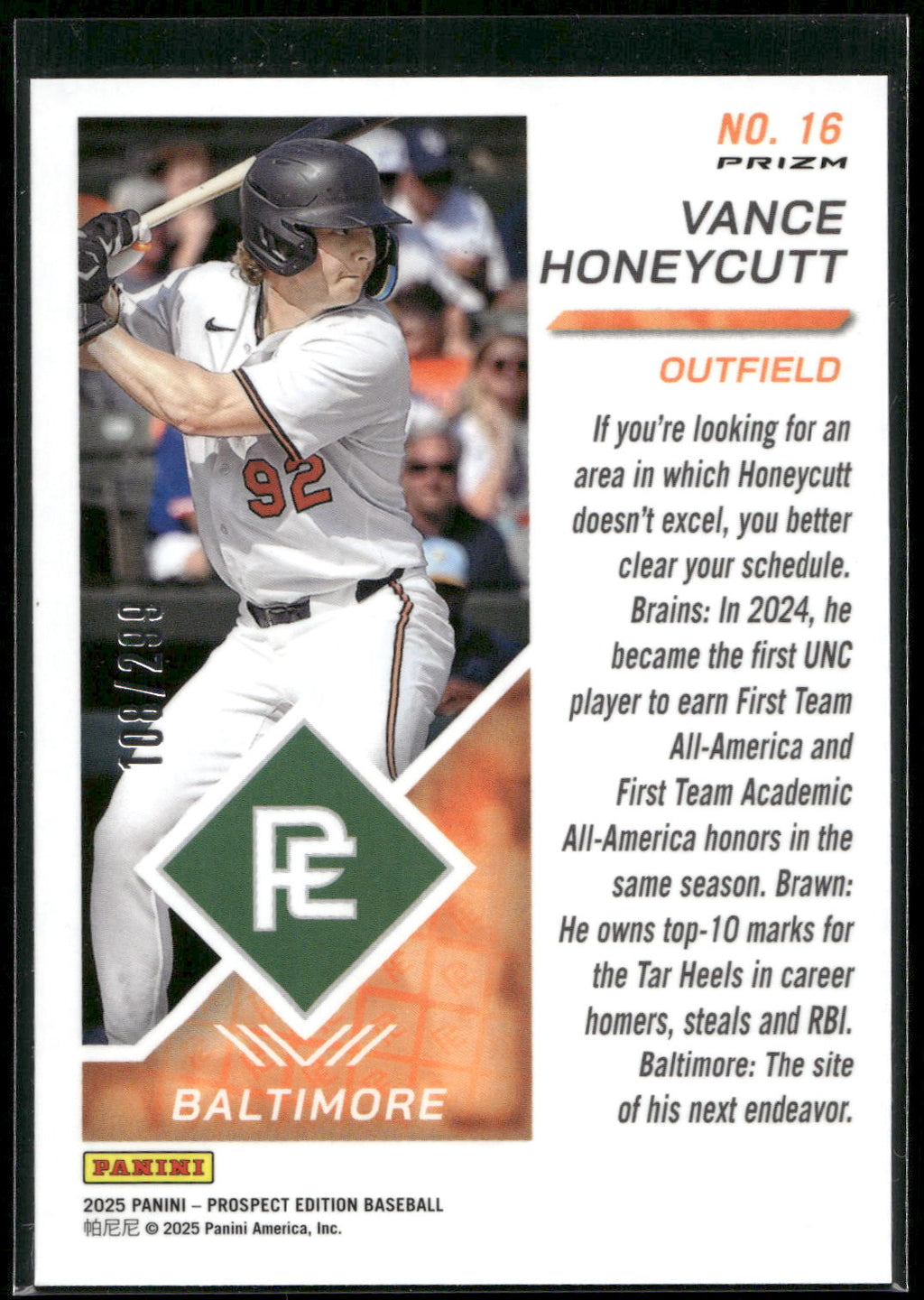 2025 Panini Prospect Edition #16 Vance Honeycutt Holo Blue Ice #/299