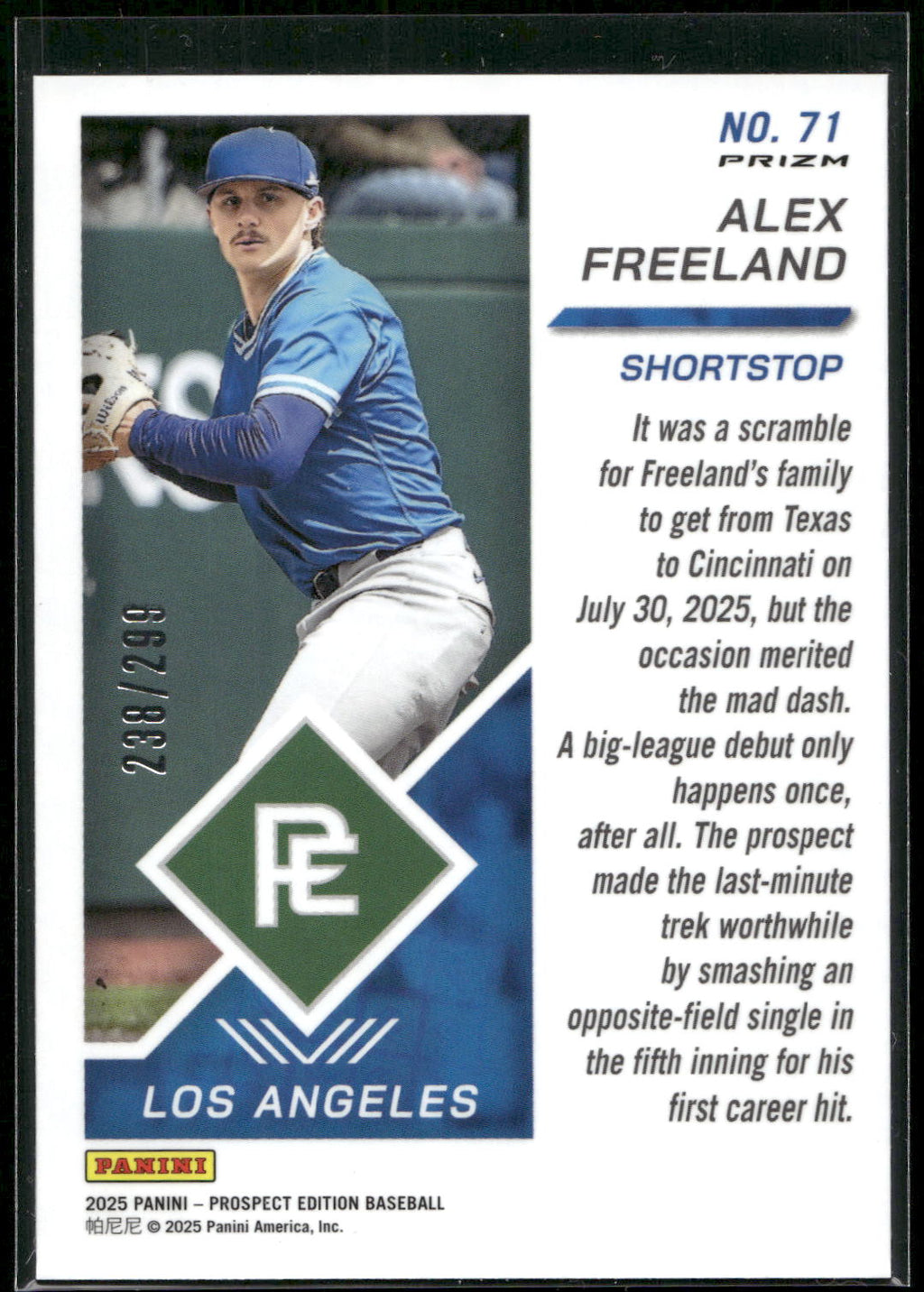2025 Panini Prospect Edition #71 Alex Freeland Holo Blue Ice #/299