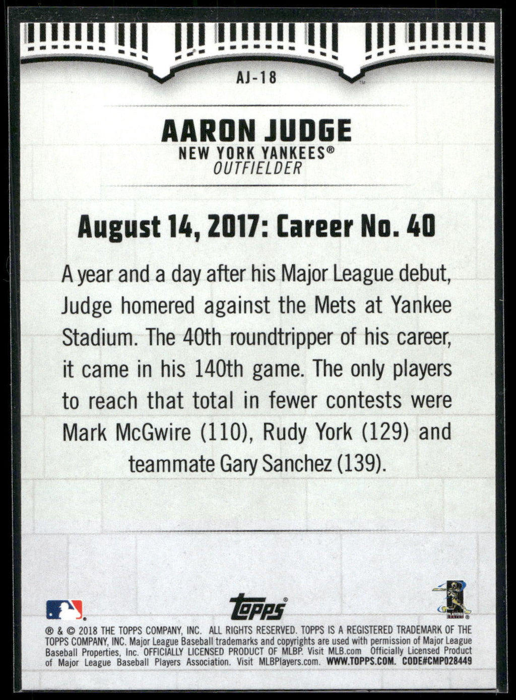 2018 Topps #AJ-18 Aaron Judge Aaron Judge Highlights