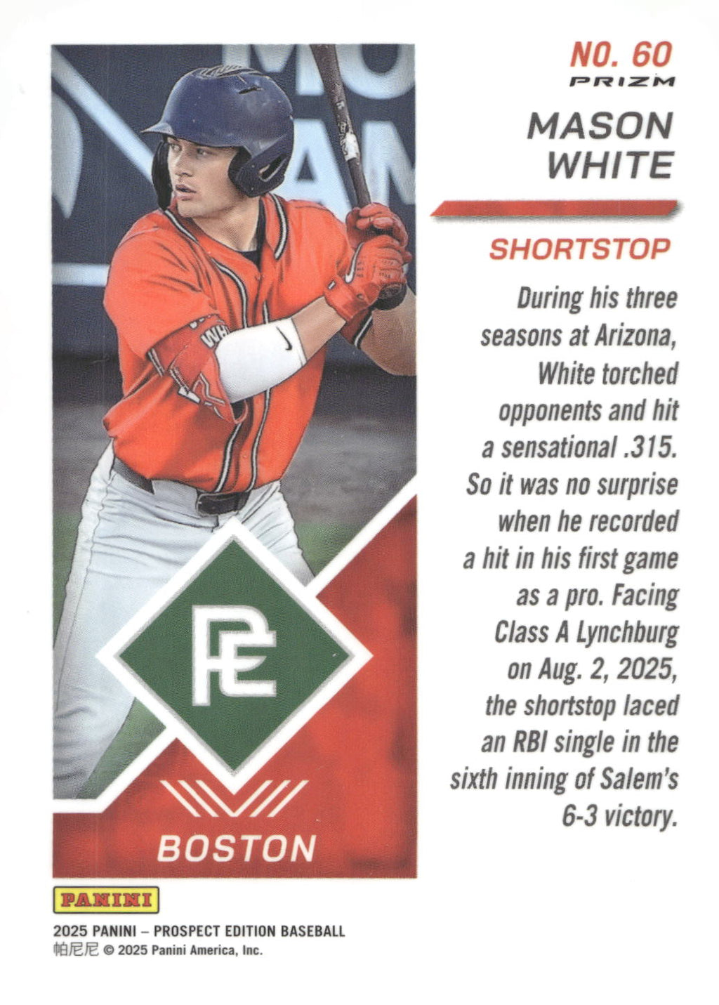 2025 Panini Prospect Edition #60 Mason White Holo Prospect Ticket - Red Ice