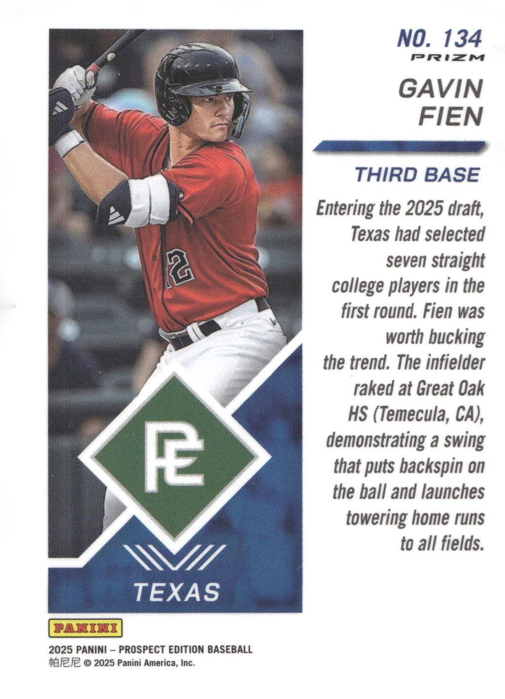 2025 Panini Prospect Edition #134 Gavin Fien Holo Prospect Ticket - Red Ice