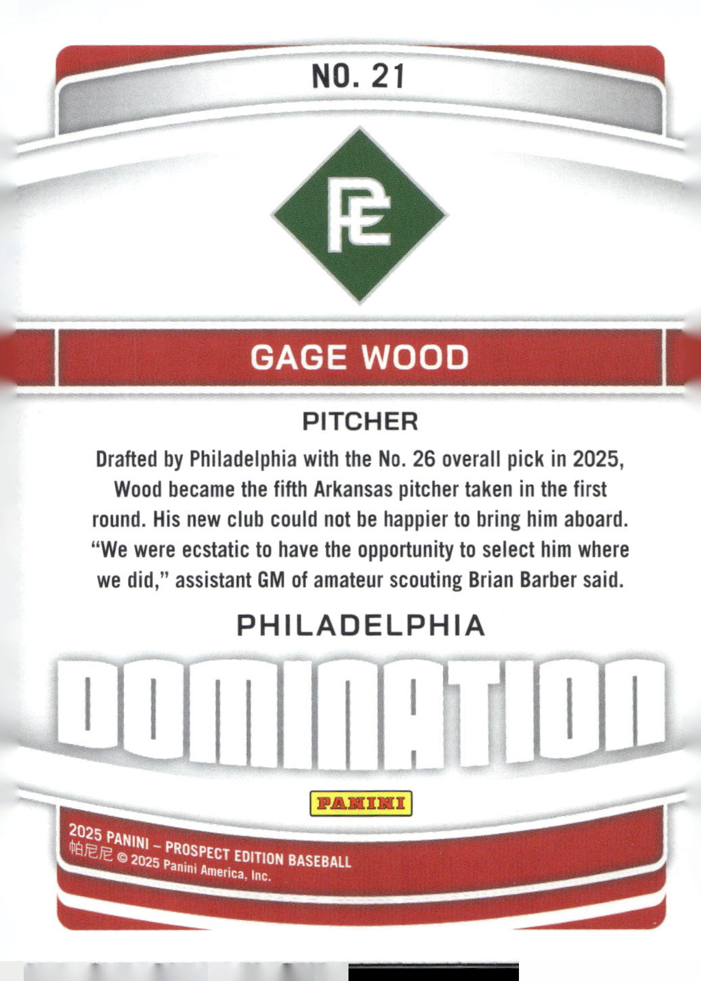 2025 Panini Prospect Edition #21 Gage Wood Domination