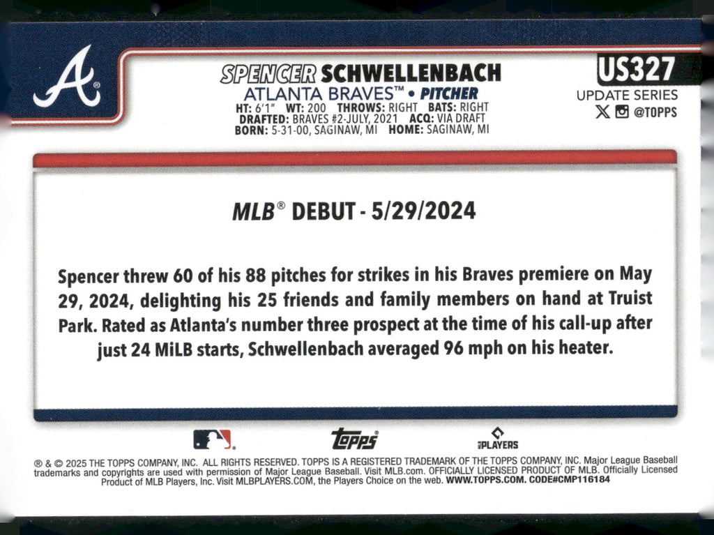 2025 Topps Update #US327 Spencer Schwellenbach