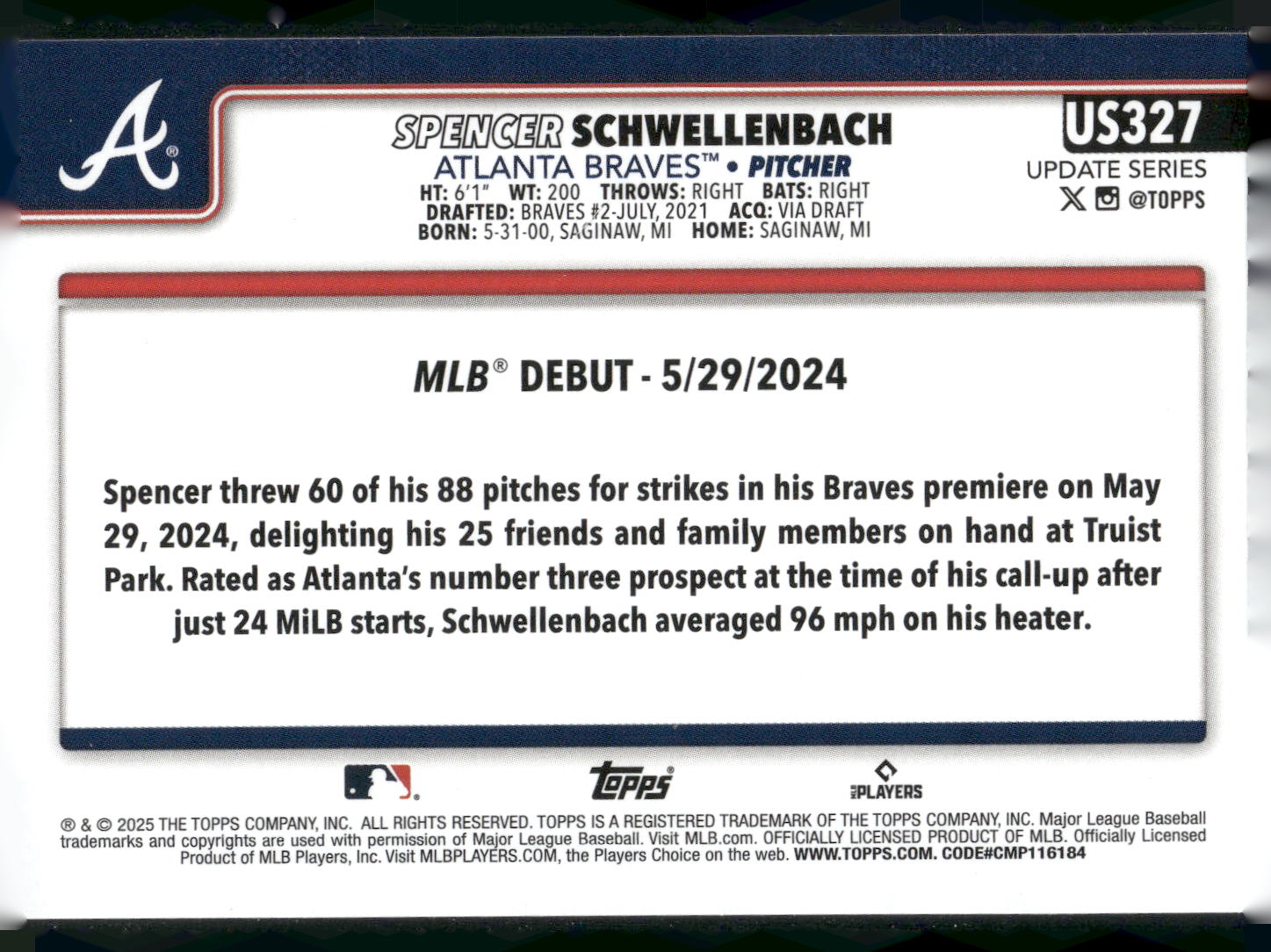 2025 Topps Update #US327 Spencer Schwellenbach