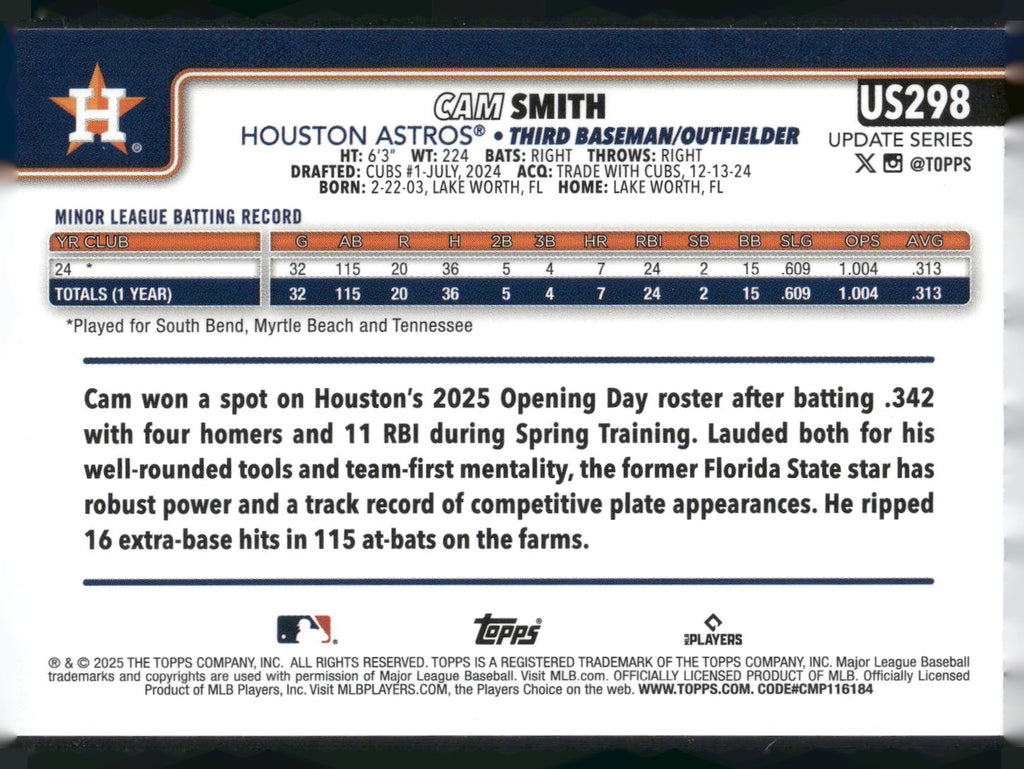 2025 Topps Update #US298 Cam Smith