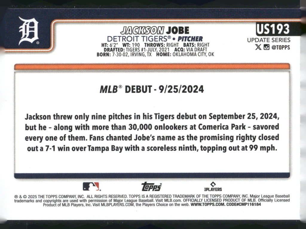 2025 Topps Update #US193 Jackson Jobe