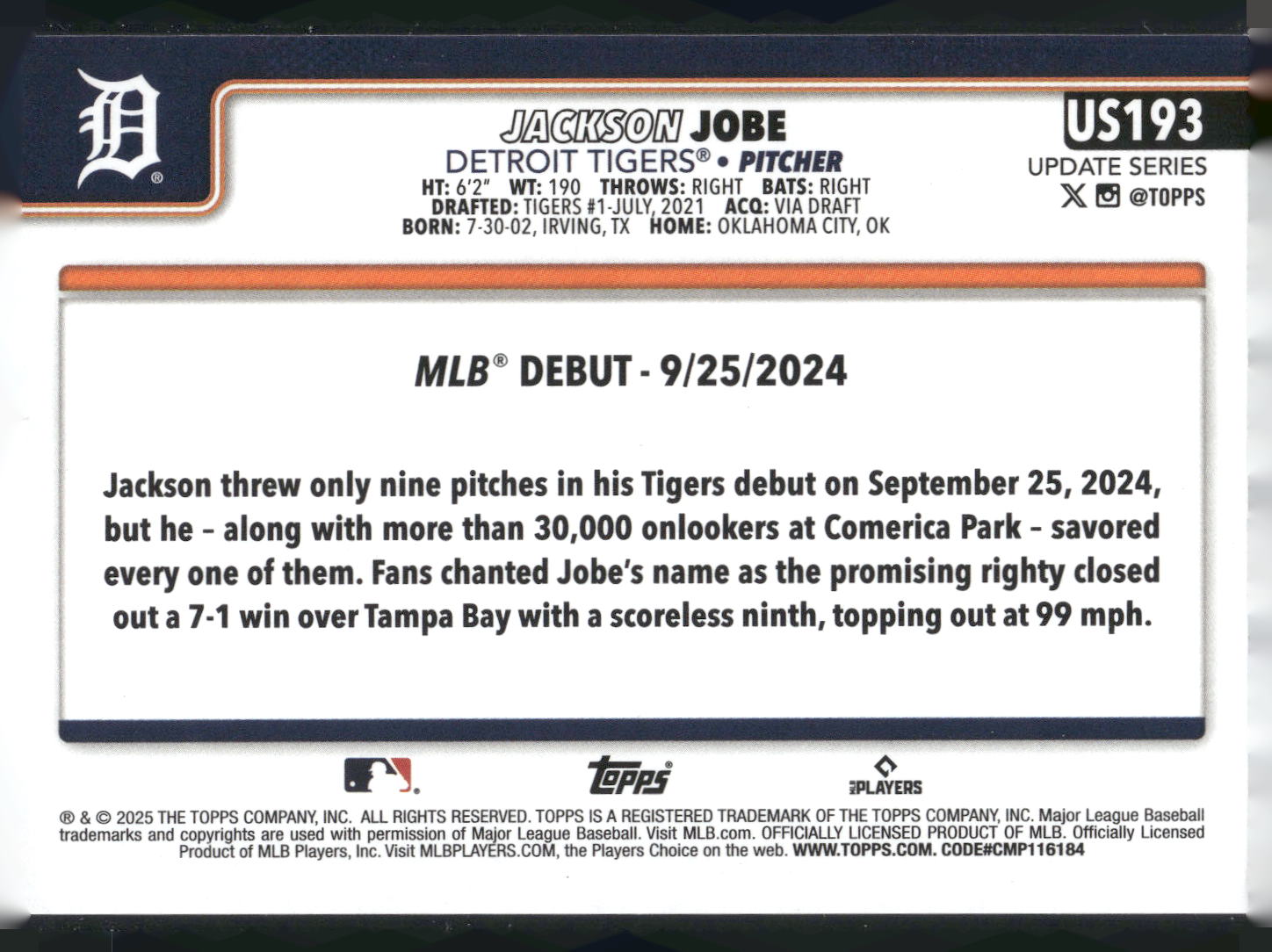2025 Topps Update #US193 Jackson Jobe