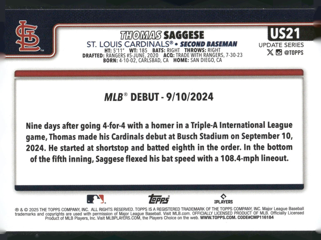 2025 Topps Update #US21 Thomas Saggese