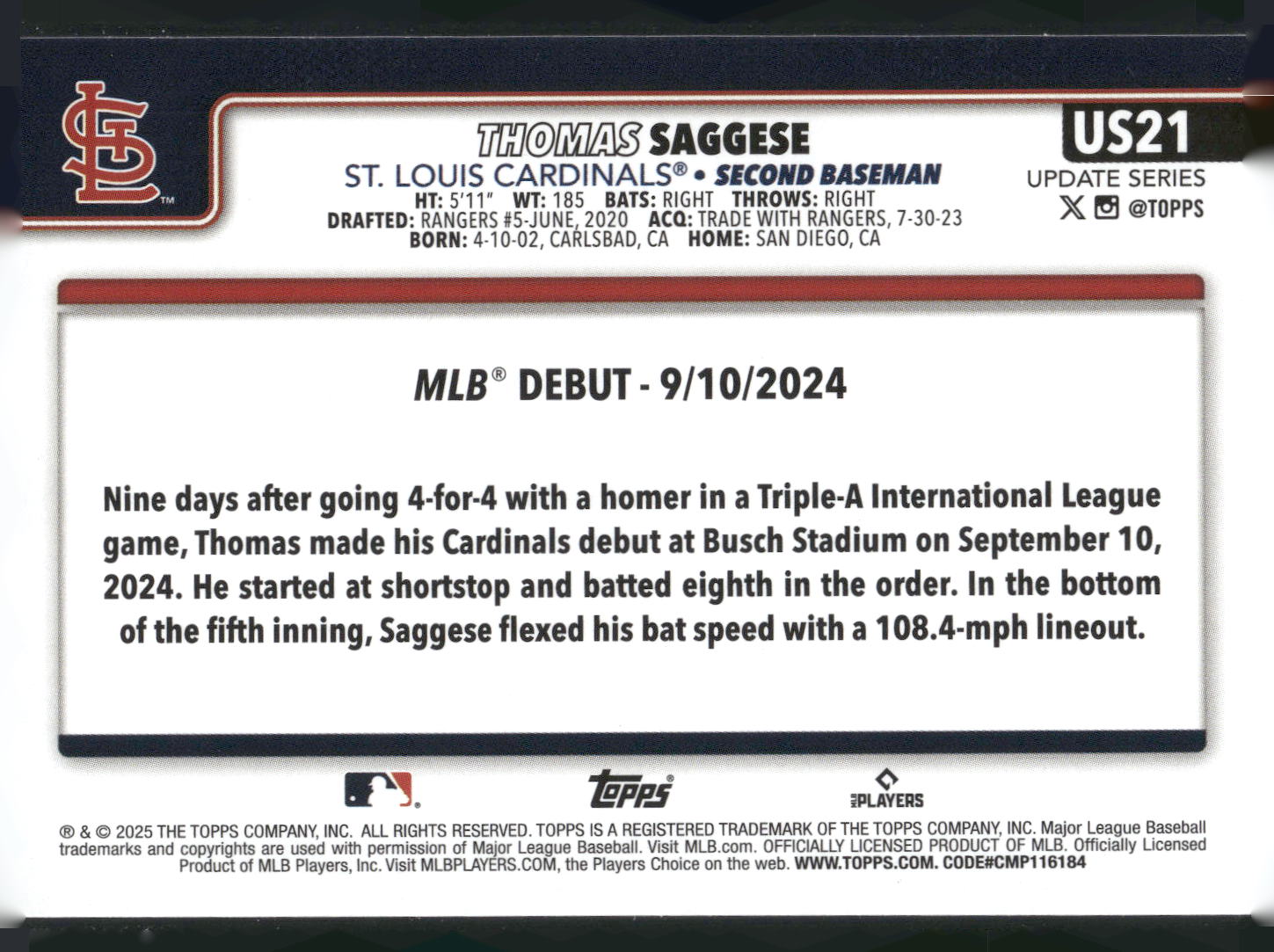 2025 Topps Update #US21 Thomas Saggese