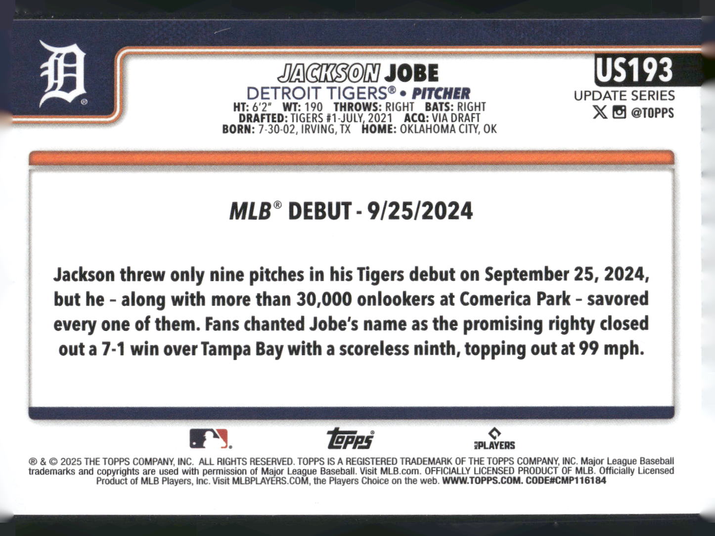 2025 Topps Update #US193 Jackson Jobe