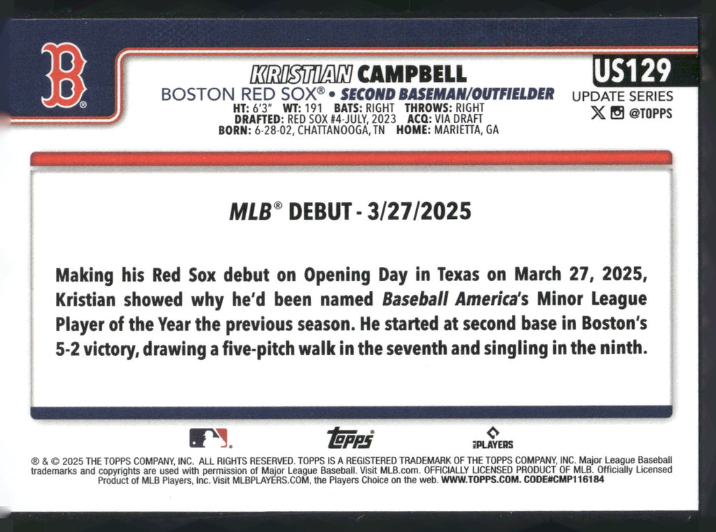 2025 Topps Update #US129 Kristian Campbell