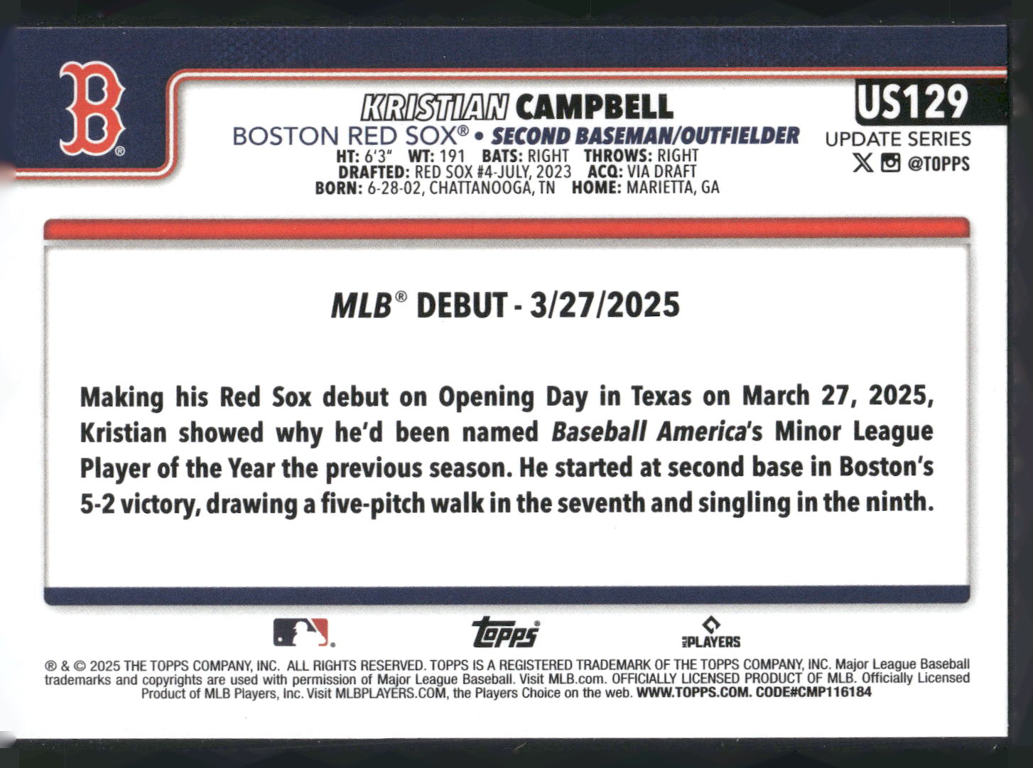 2025 Topps Update #US129 Kristian Campbell