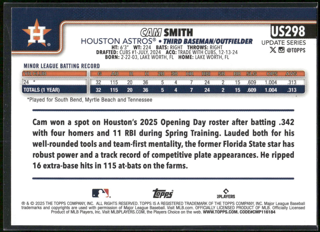 2025 Topps Update #US298 Cam Smith