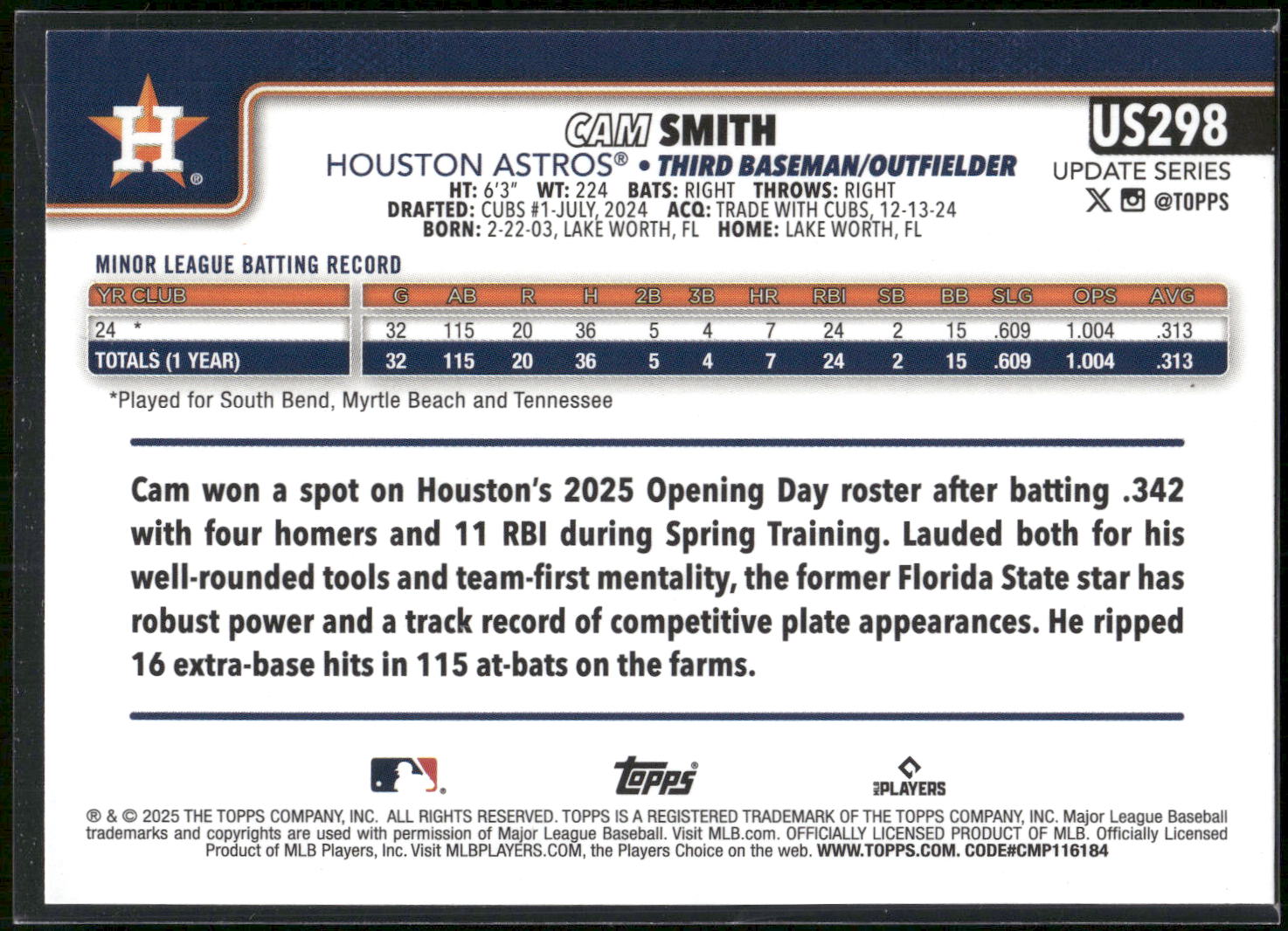 2025 Topps Update #US298 Cam Smith