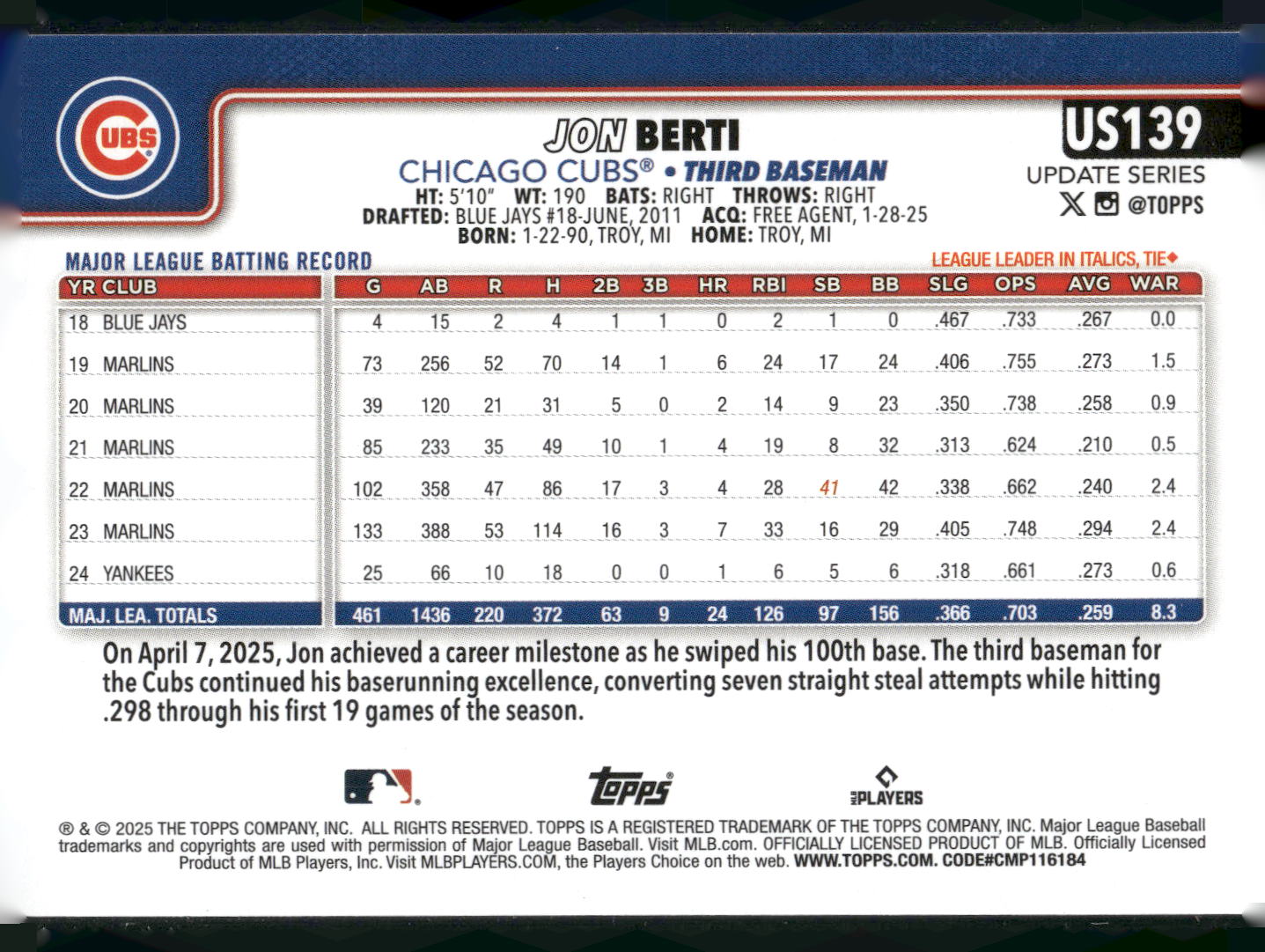 2025 Topps Update #US139 Jon Berti