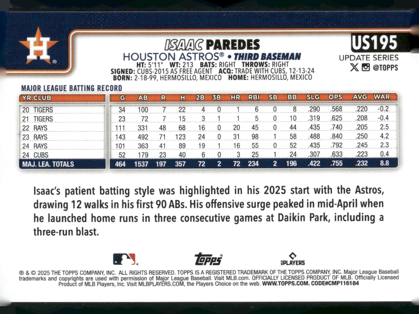 2025 Topps Update #US195 Isaac Paredes
