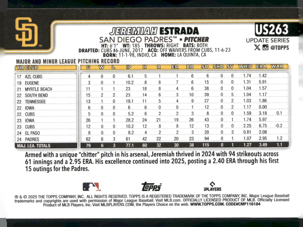 2025 Topps Update #US263 Jeremiah Estrada
