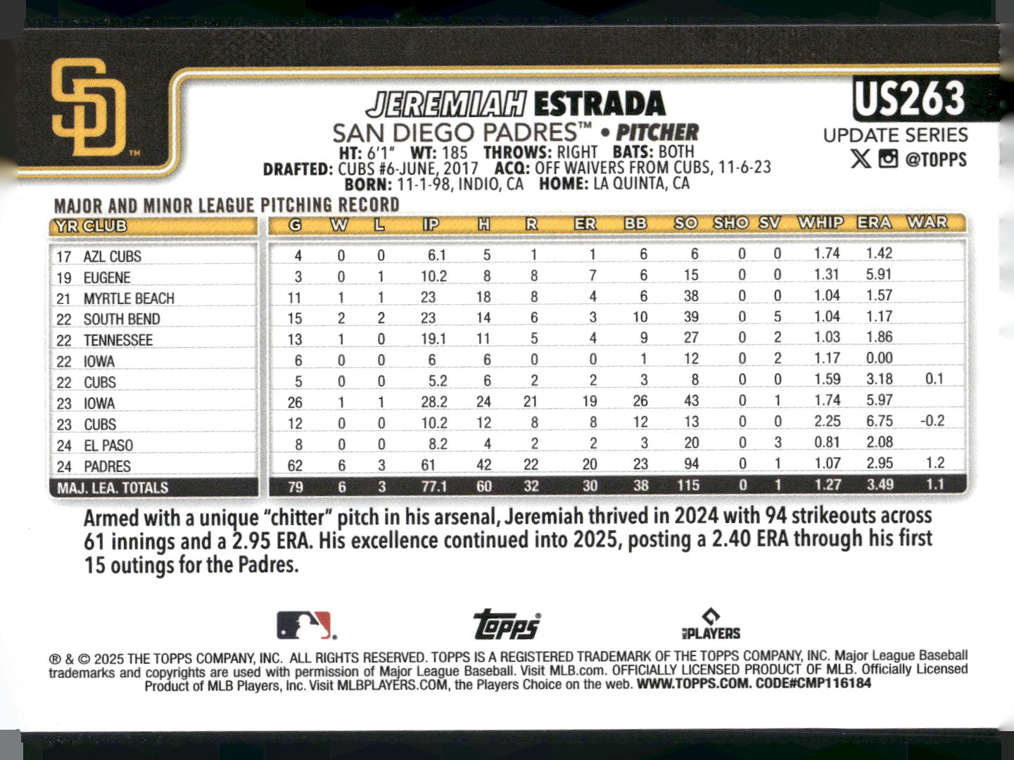 2025 Topps Update #US263 Jeremiah Estrada