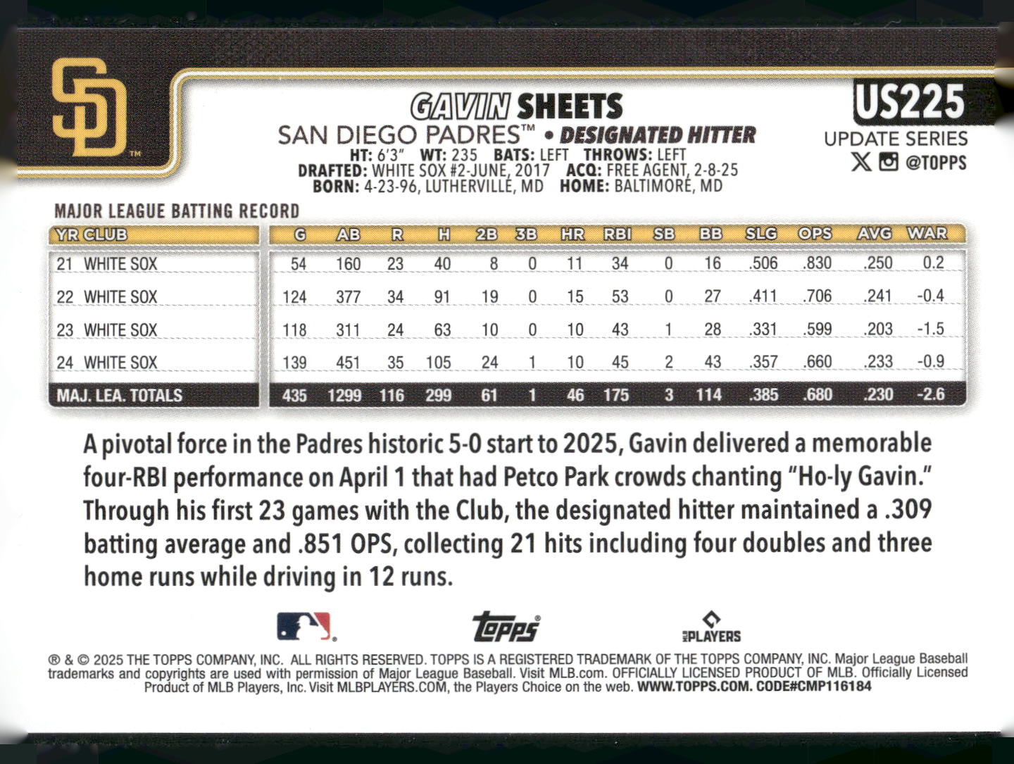 2025 Topps Update #US225 Gavin Sheets