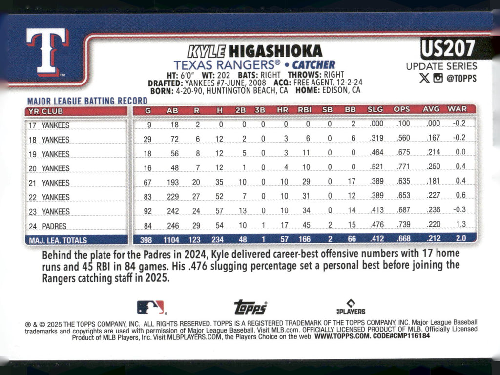 2025 Topps Update #US207 Kyle Higashioka