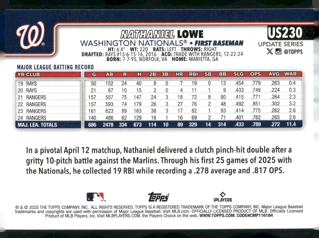 2025 Topps Update #US230 Nathaniel Lowe