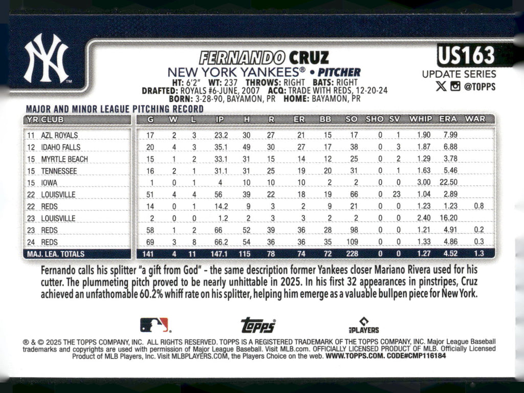 2025 Topps Update #US163 Fernando Cruz