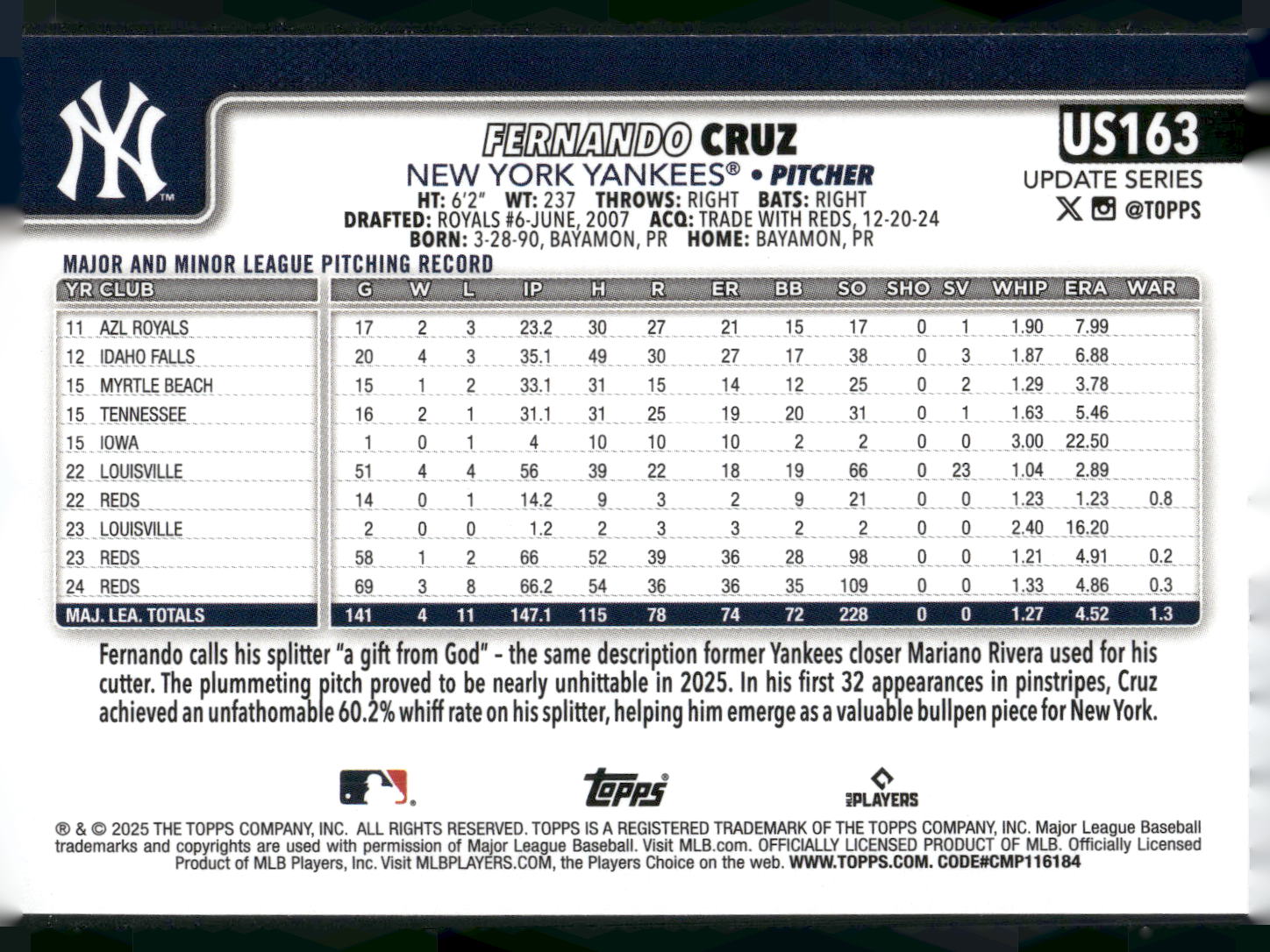 2025 Topps Update #US163 Fernando Cruz