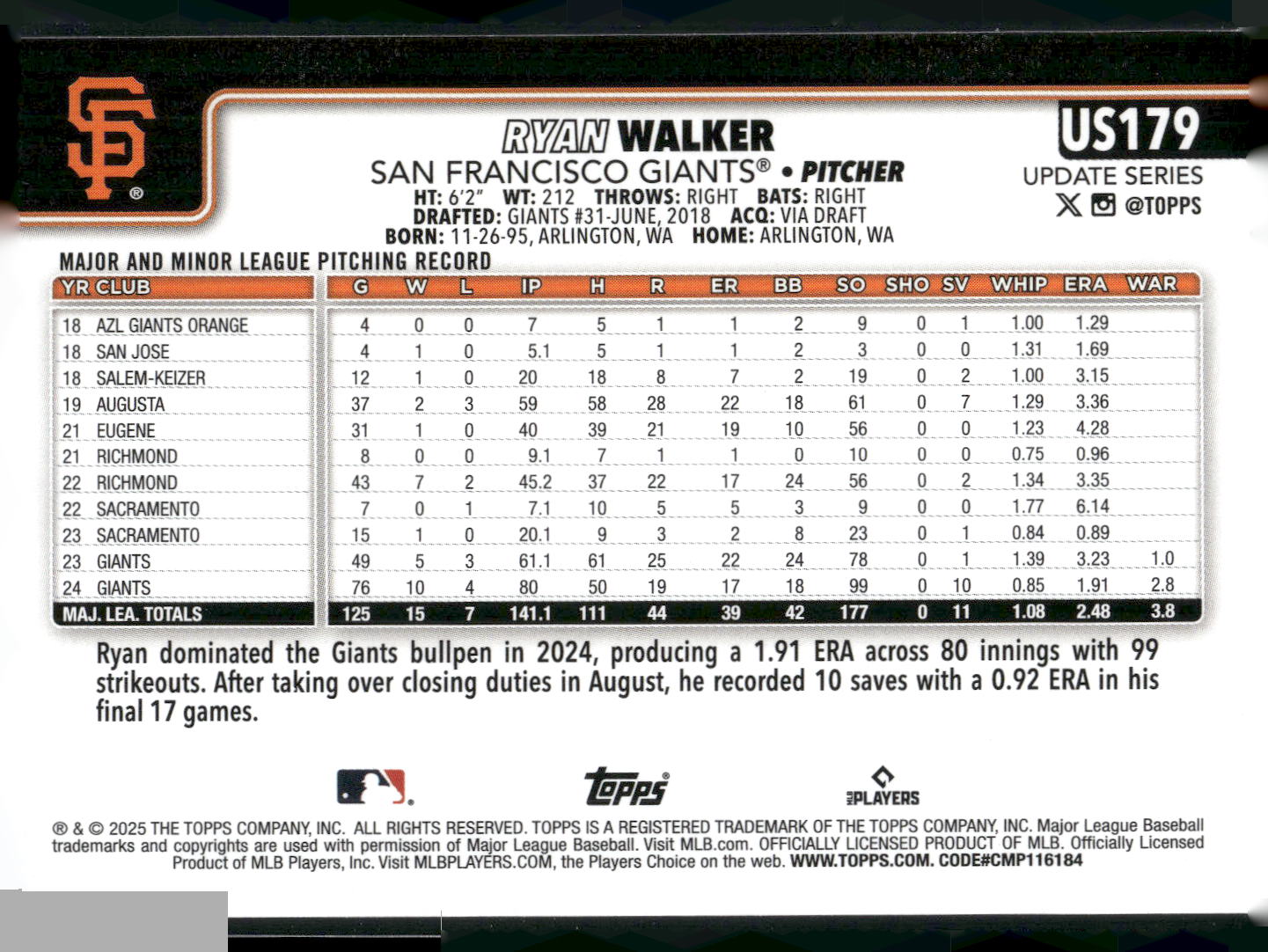 2025 Topps Update #US179 Ryan Walker