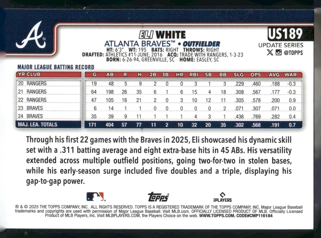 2025 Topps Update #US189 Eli White