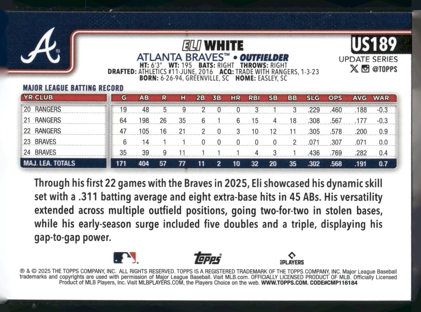 2025 Topps Update #US189 Eli White