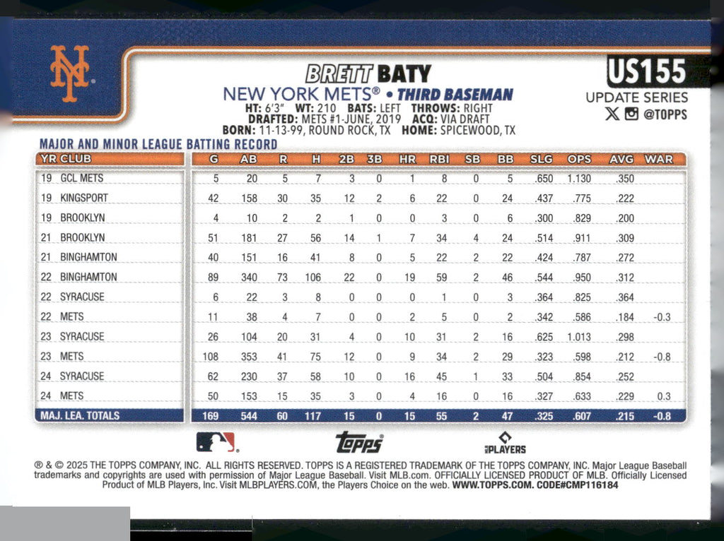 2025 Topps Update #US155 Brett Baty