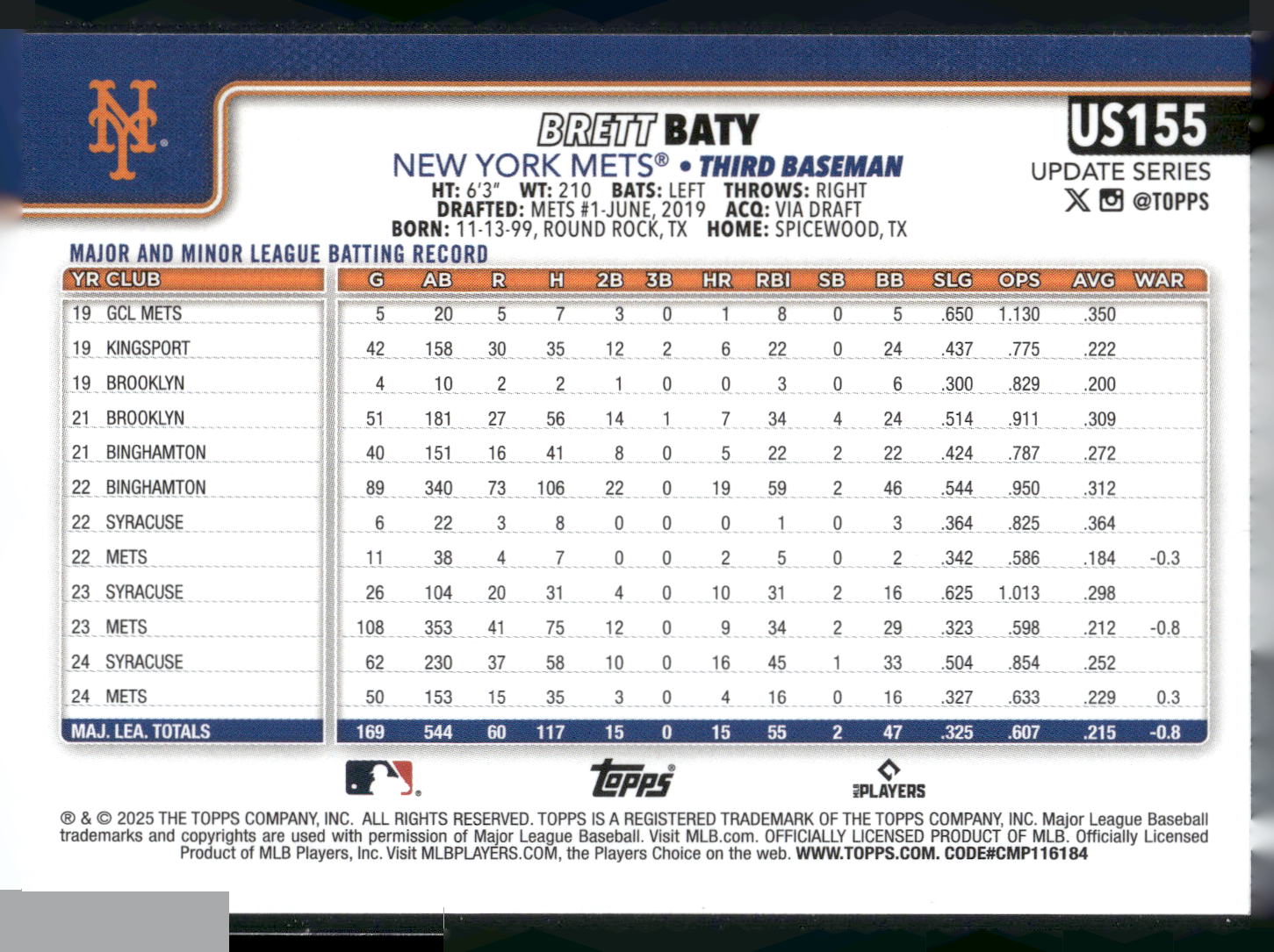 2025 Topps Update #US155 Brett Baty