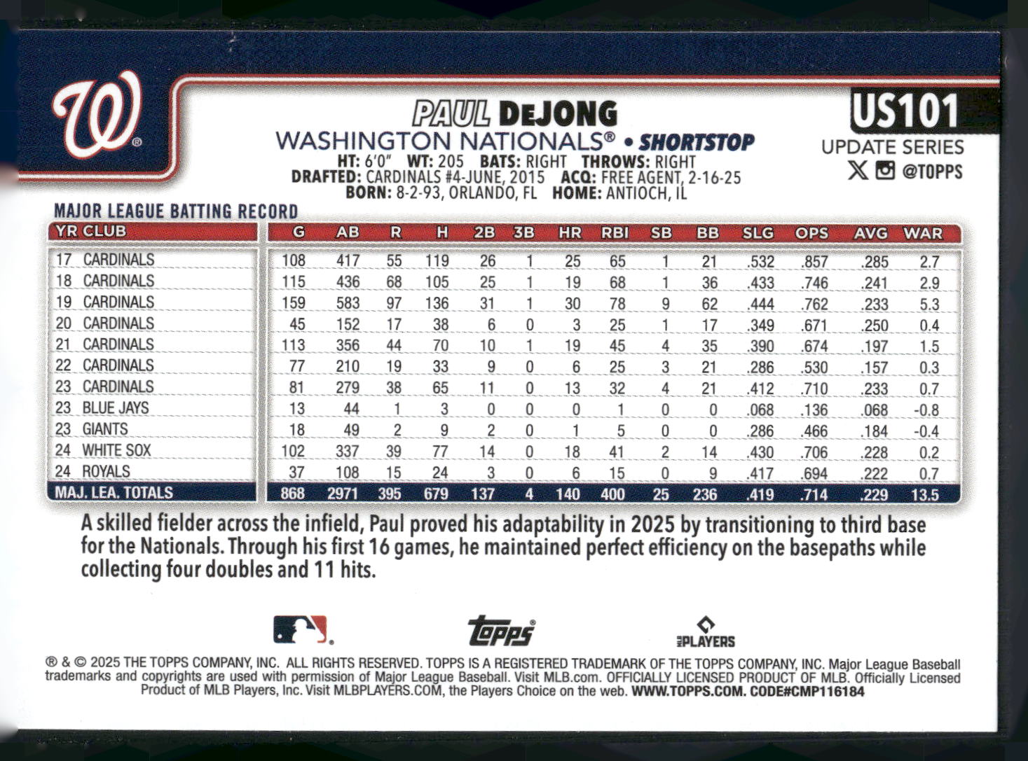 2025 Topps Update #US101 Paul DeJong