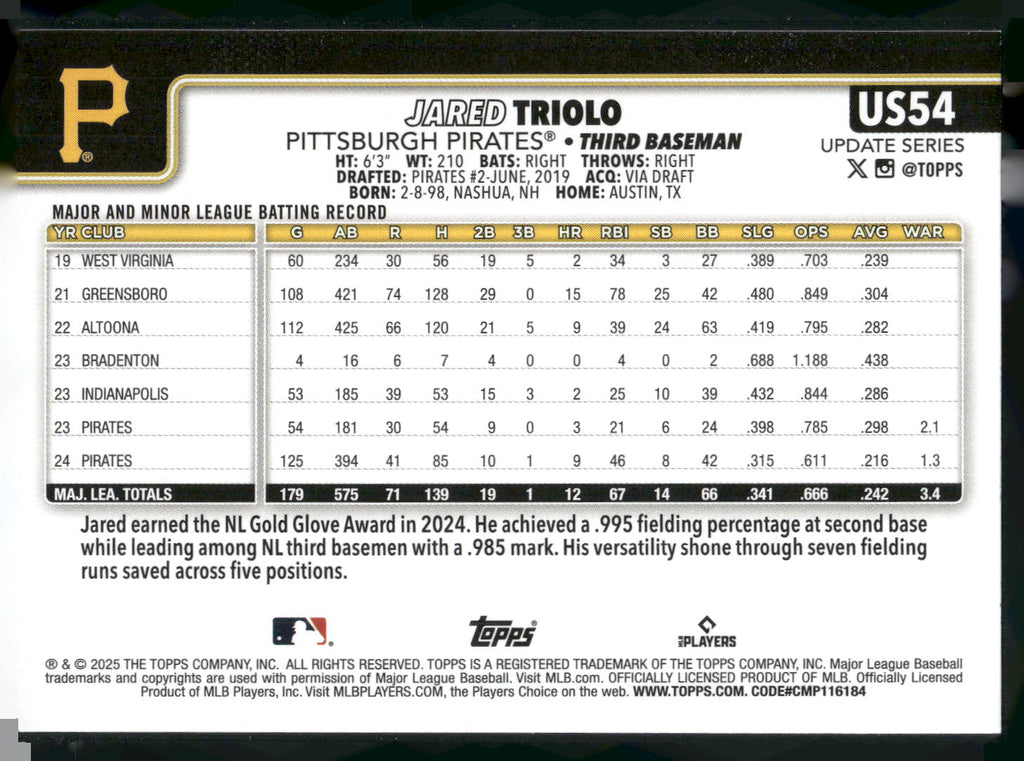 2025 Topps Update #US54 Jared Triolo
