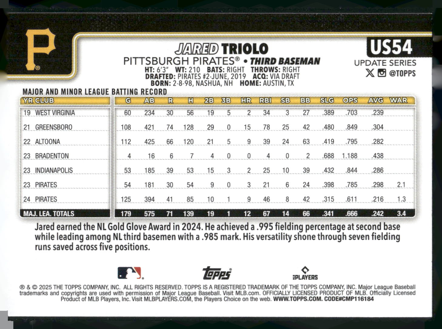 2025 Topps Update #US54 Jared Triolo