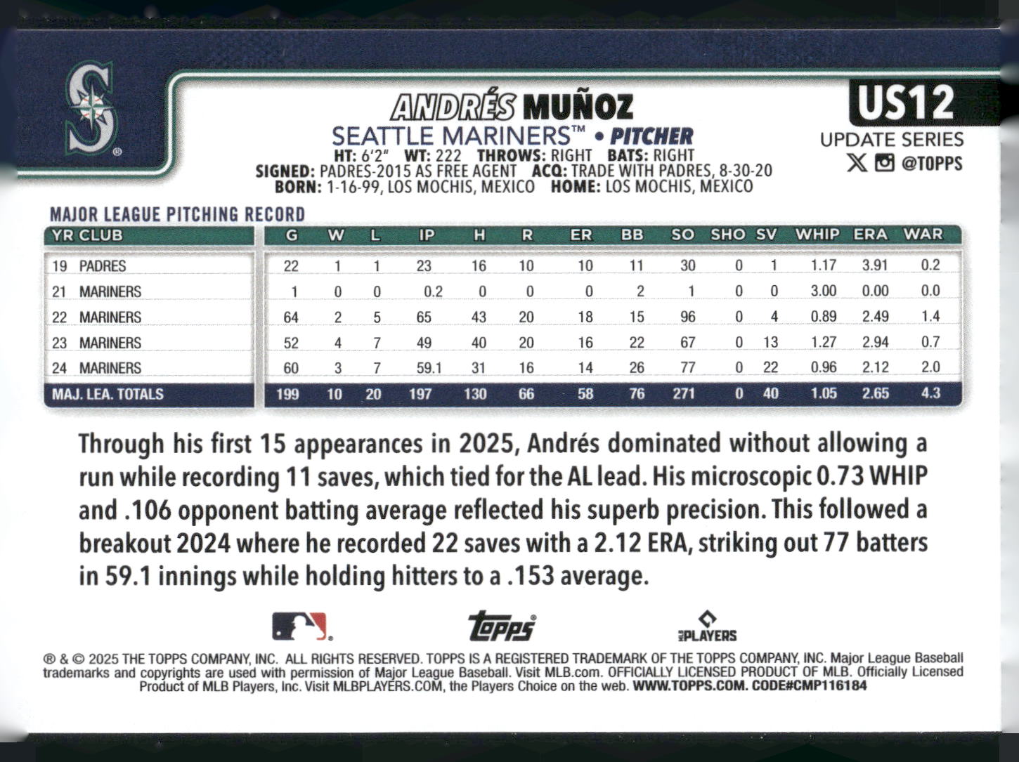 2025 Topps Update #US12 Andrés Muñoz