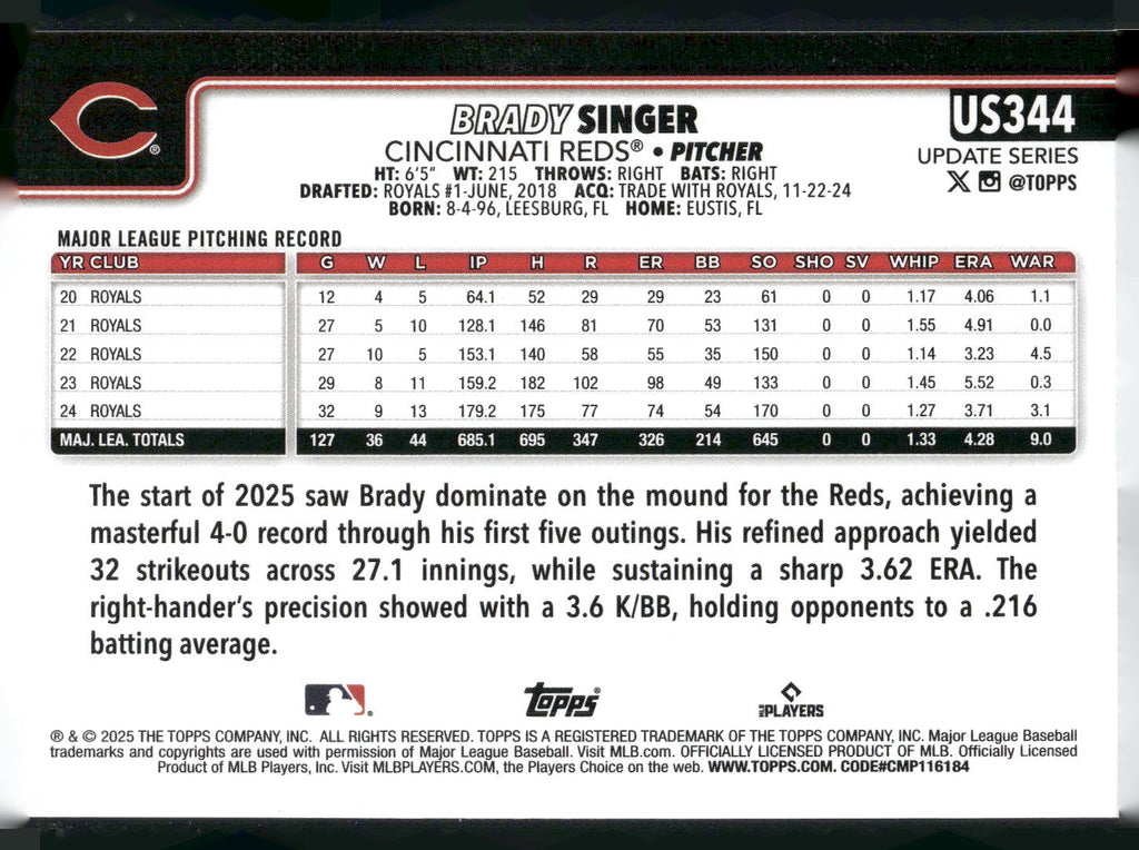 2025 Topps Update #US344 Brady Singer