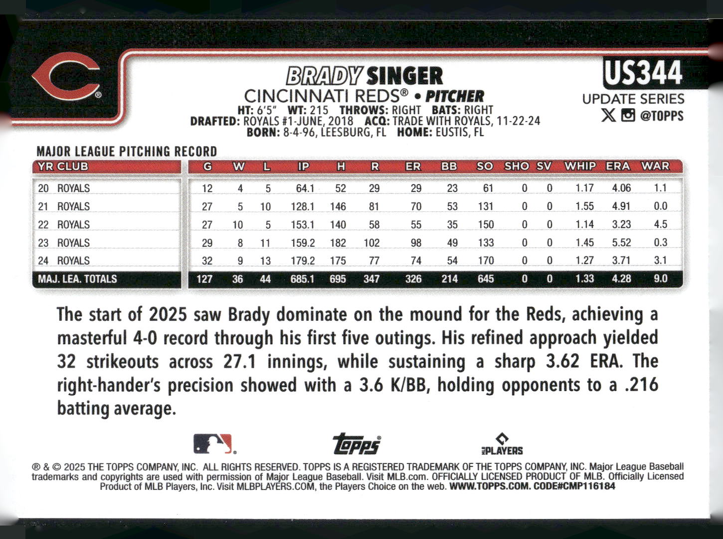 2025 Topps Update #US344 Brady Singer