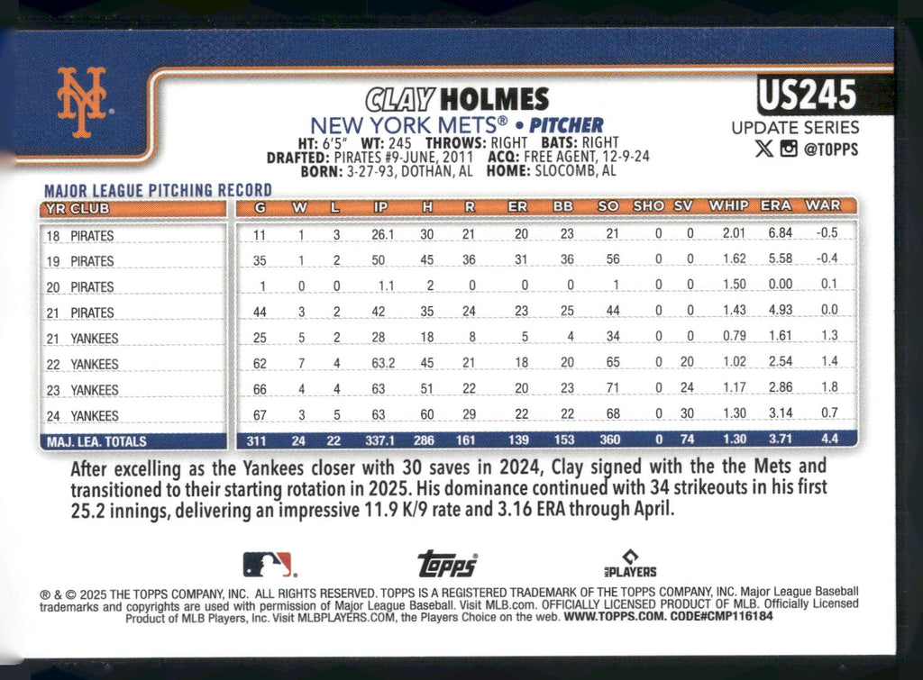 2025 Topps Update #US245 Clay Holmes