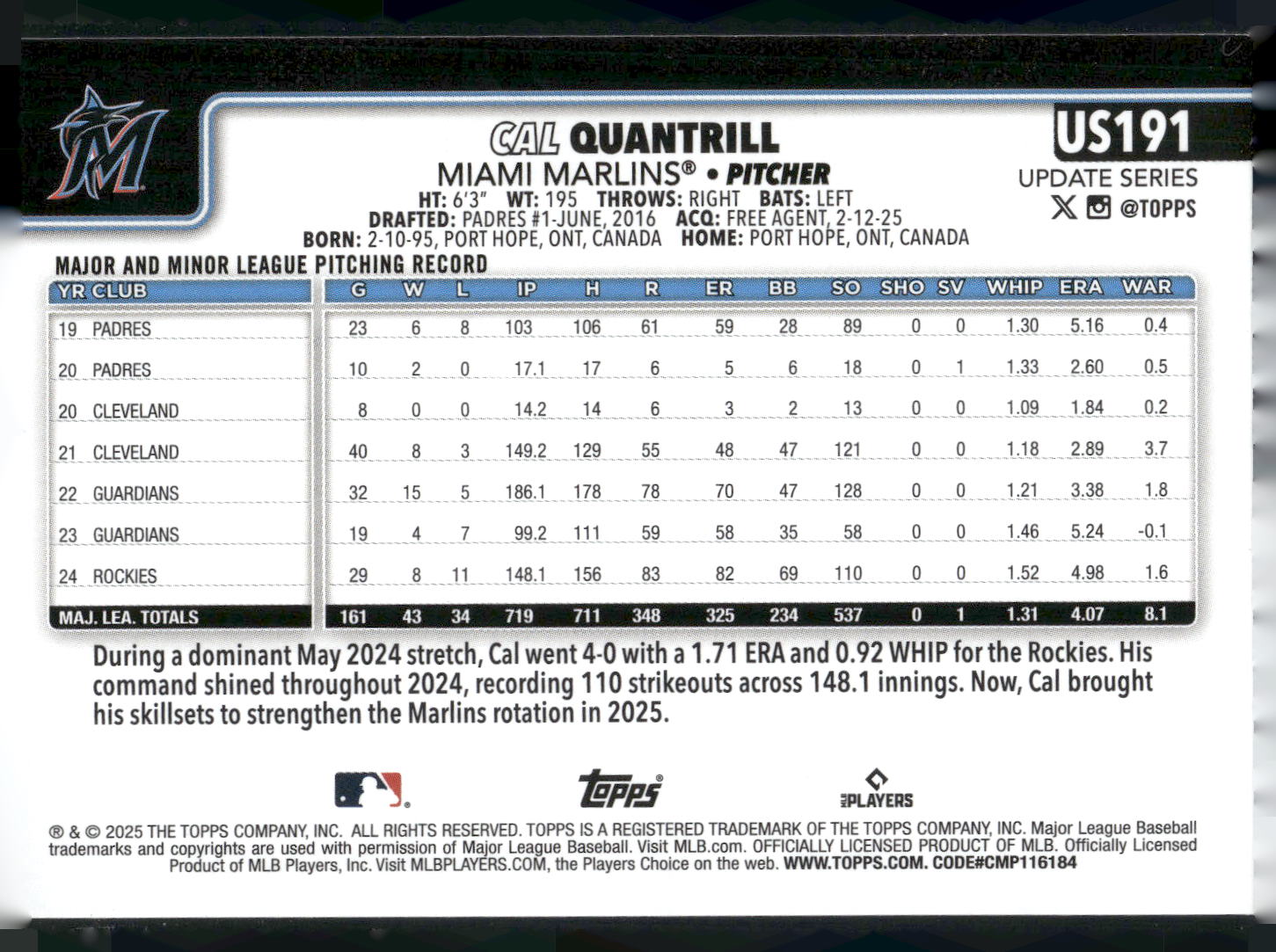 2025 Topps Update #US191 Cal Quantrill