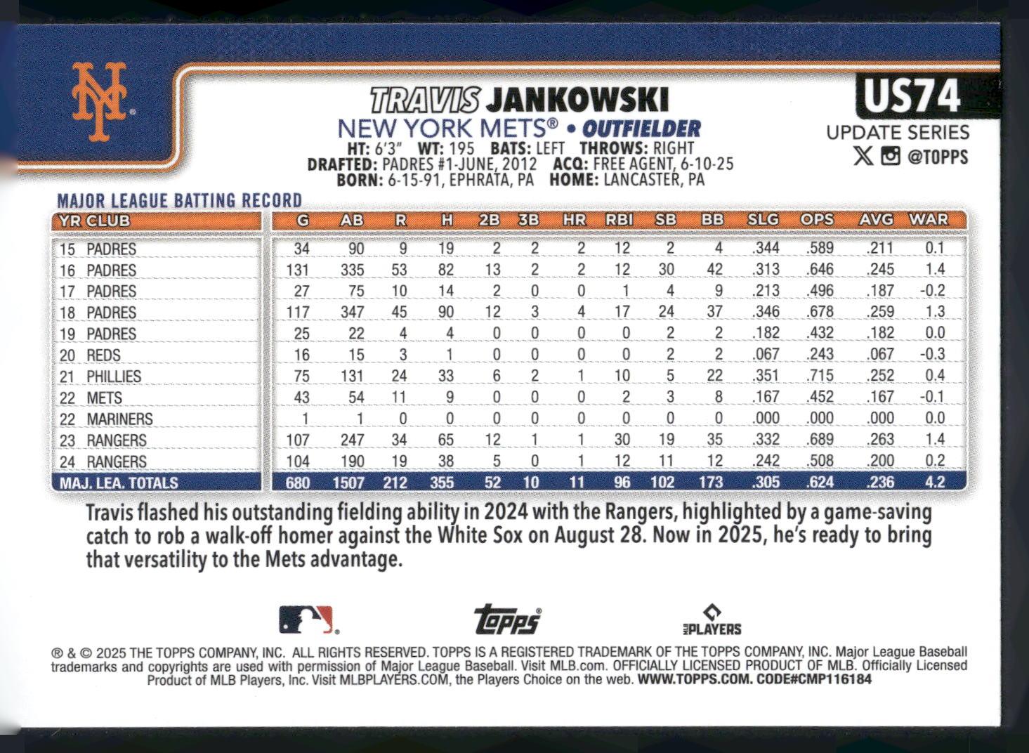 2025 Topps Update #US74 Travis Jankowski